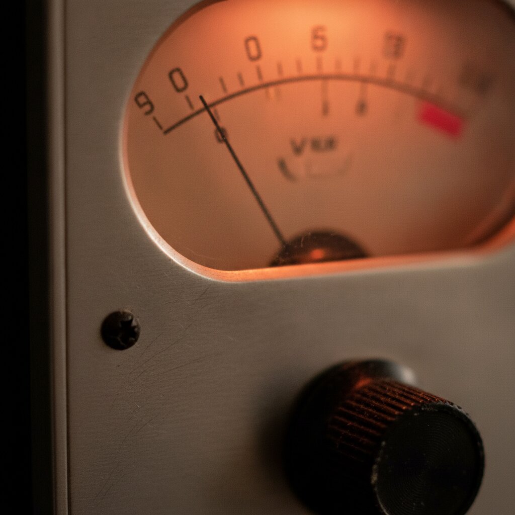 Close-up of an analog VU meter glowing warm in the studio
