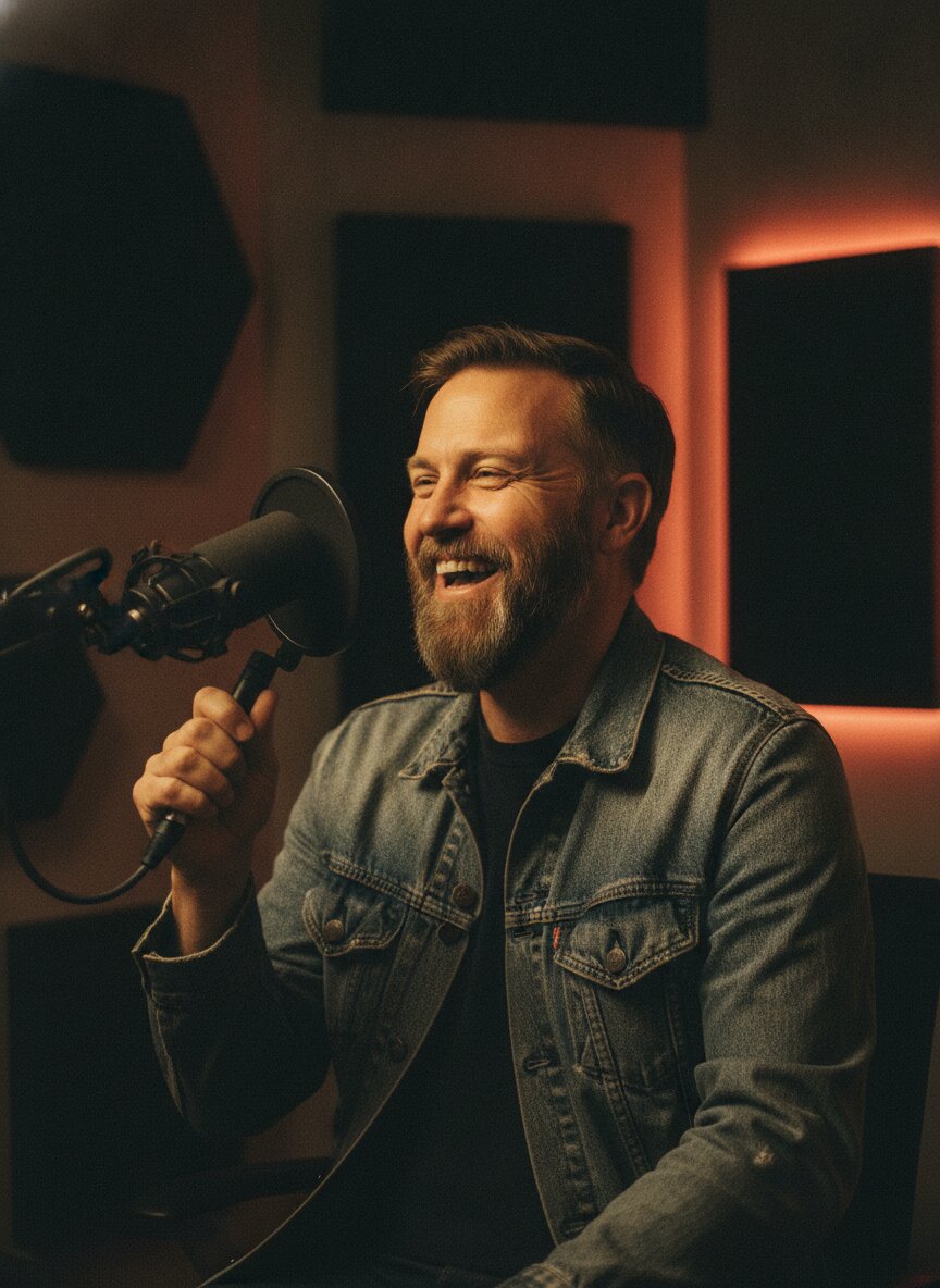 Cal Whitaker, co-host of Waveform, laughing at the microphone