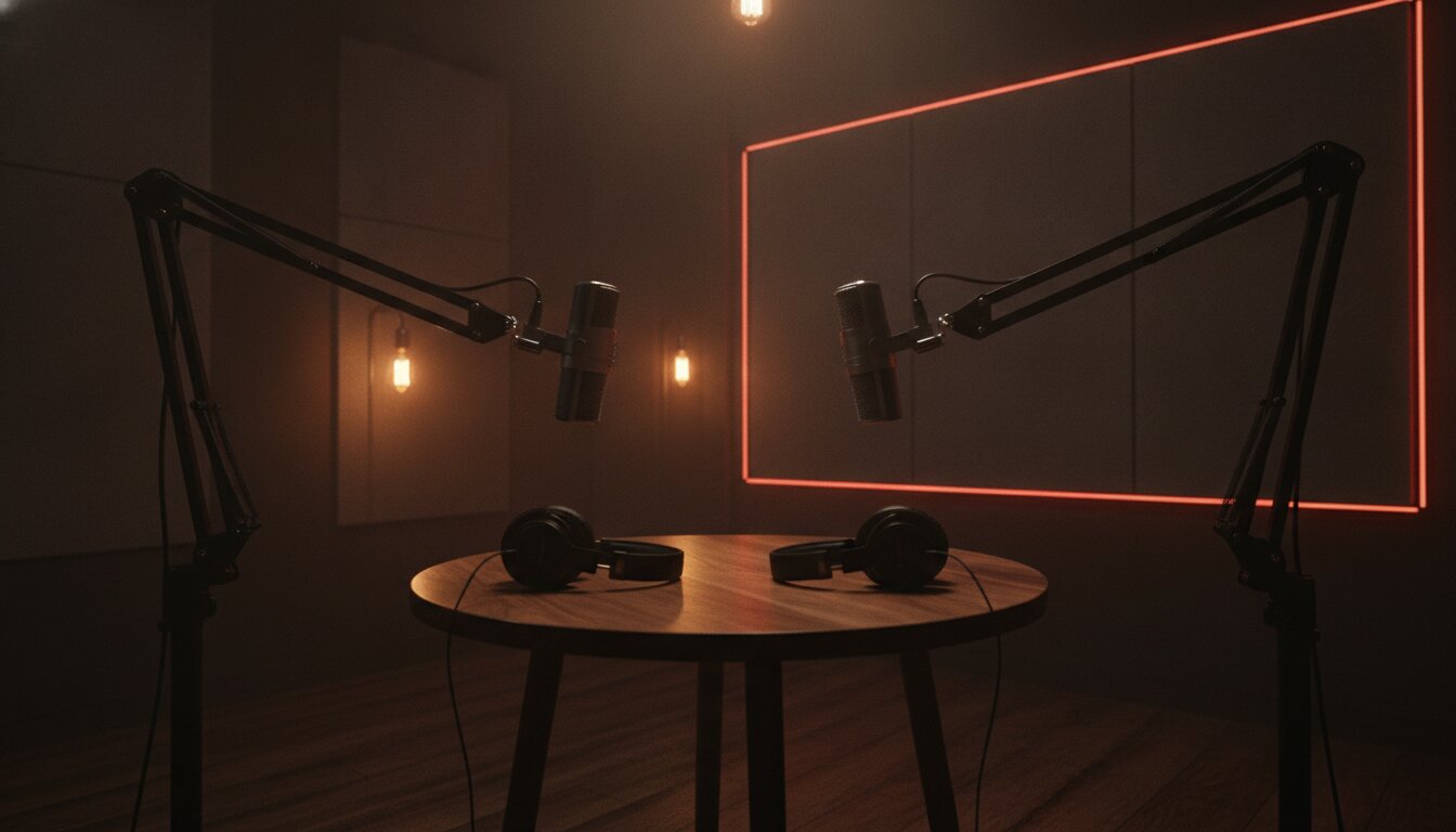 The Waveform studio at night, two microphones in warm tungsten light