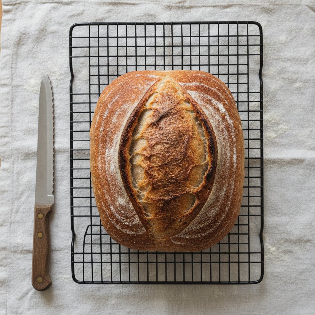 A scored sourdough loaf cooling on a wire rack, seen from above