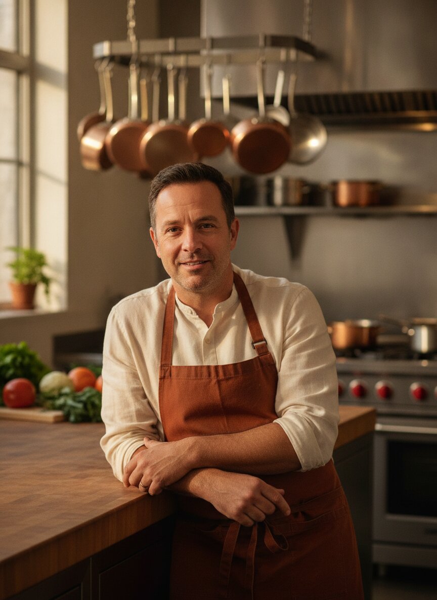 Chef Nadia Ferrante leaning on a butcher-block counter in a rust apron
