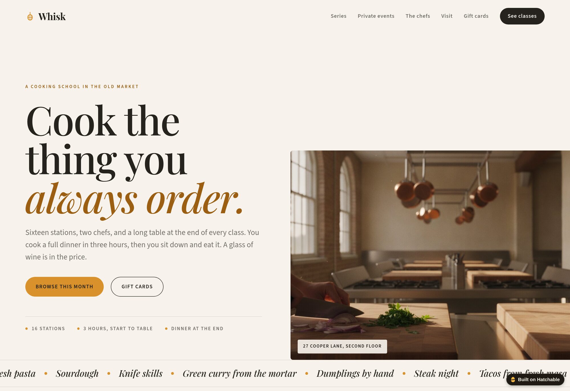 Whisk cooking school website template — full design preview
