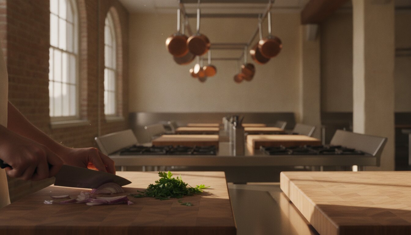 The Whisk teaching kitchen: sixteen stainless stations with butcher-block boards and copper pans under warm light