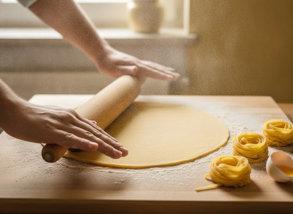 Hands rolling fresh pasta on a floured wooden board