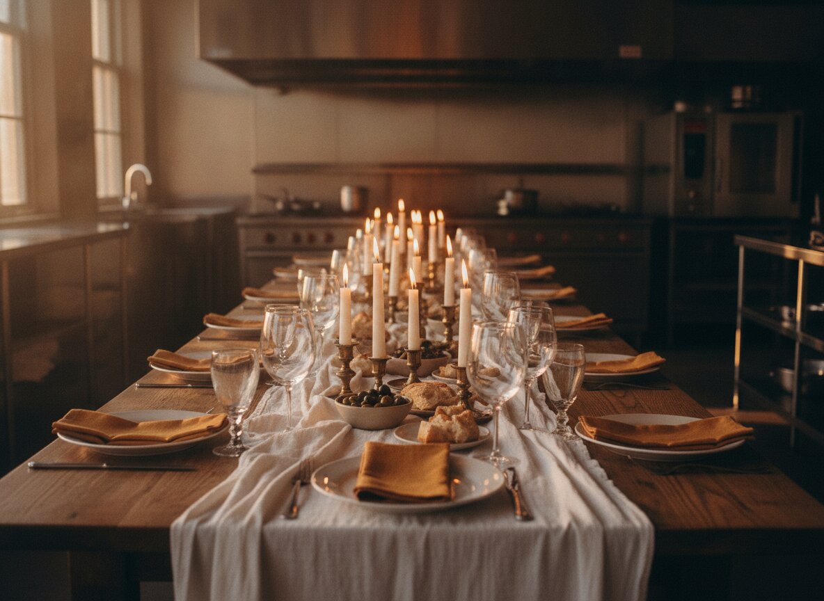 The long communal table at Whisk set for dinner with candles and wine glasses